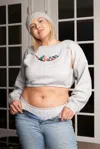 Fashnzfab Plus Grey Floral Embroidery Arm Warmer Sweater & Sleeveless Crop Cami With Lounge Briefs Three-piece In Grey