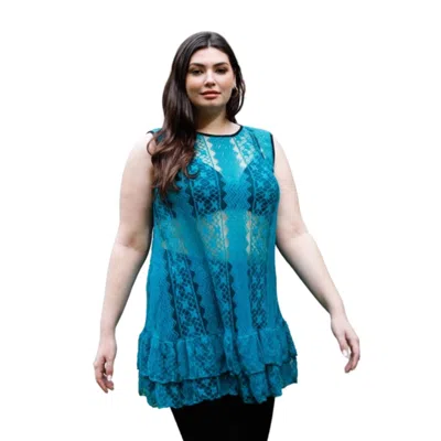 Fashnzfab Plus Lace Sheer Ruffle Hem Sleeveless Maxi Top In Blue