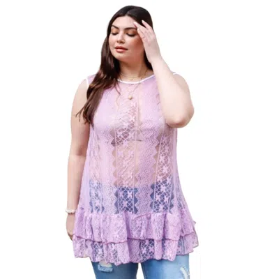 Fashnzfab Plus Lace Sheer Ruffle Hem Sleeveless Maxi Top In Purple