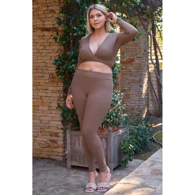 Fashnzfab Plus Mocha Plunge Neck Long Sleeve Self-tie Back Or Front Waist Top & High-waisted Skinny Pants Set In Brown