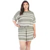 Fashnzfab Plus Olive Striped Knit Short Sleeve Crop Top High Waist Shorts Set In Green