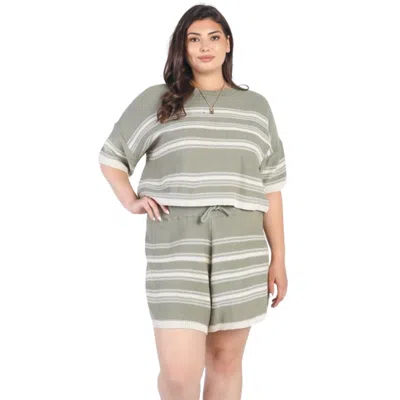 Fashnzfab Plus Olive Striped Knit Short Sleeve Crop Top High Waist Shorts Set In Green