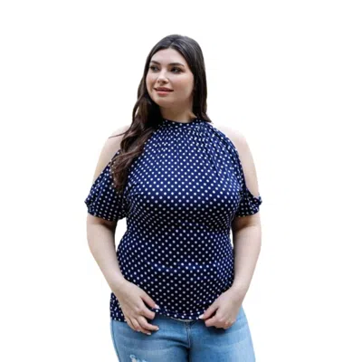 Fashnzfab Plus Polka Dot Cold Shoulder Short Sleeve Back Self-tie Top In Blue