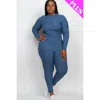 Fashnzfab Plus Ribbed Mock Neck Long Sleeve Top & Leggings Set In Blue