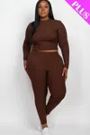 Fashnzfab Plus Ribbed Mock Neck Long Sleeve Top & Leggings Set In Brown