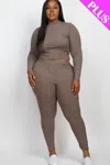 Fashnzfab Plus Ribbed Mock Neck Long Sleeve Top & Leggings Set In Grey