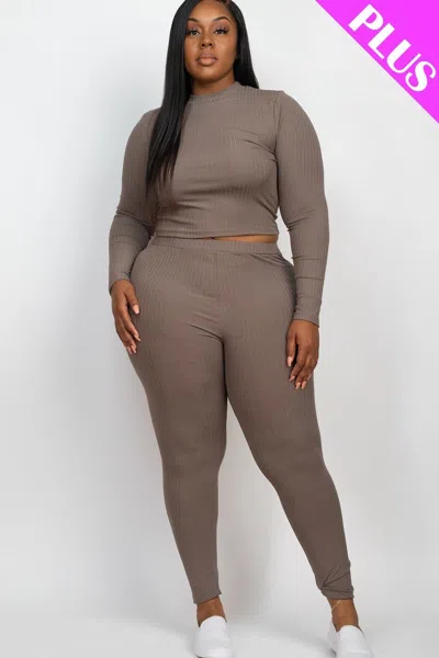 Fashnzfab Plus Ribbed Mock Neck Long Sleeve Top & Leggings Set In Grey