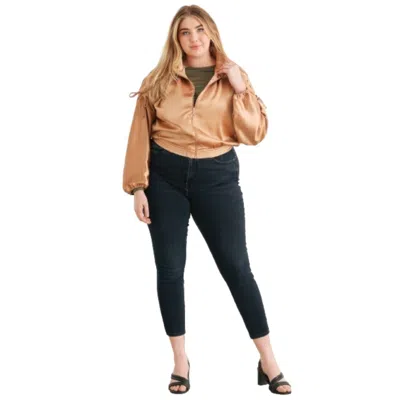 Fashnzfab Plus Satin Zip-up Ruched Long Sleeve Cropped Bomber Jacket In Grey