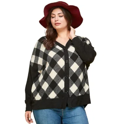 Fashnzfab Plus Size Buffalo Plaid Knit Button Up Oversize Cardigan In Multi
