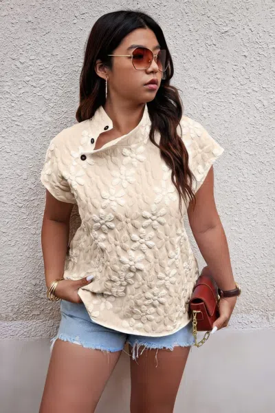 Fashnzfab Plus Size Button Loose Jacquard Stand Collar Top In Green