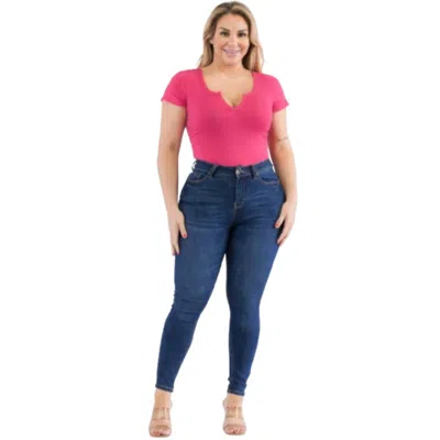 Fashnzfab Plus Size Casual Split Neck Solid Short Sleeve Bodysuit In Multi