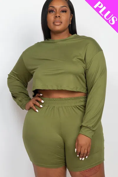 Fashnzfab Plus Size Cozy Crop Top And Shorts Set In Green