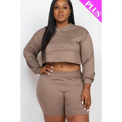 Fashnzfab Plus Size Cozy Crop Top And Shorts Set In Grey
