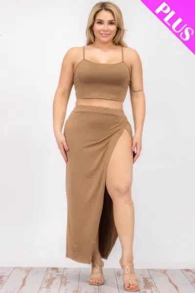 Fashnzfab Plus Size Crop Cami & Split Thigh Maxi Skirt Set In Multi