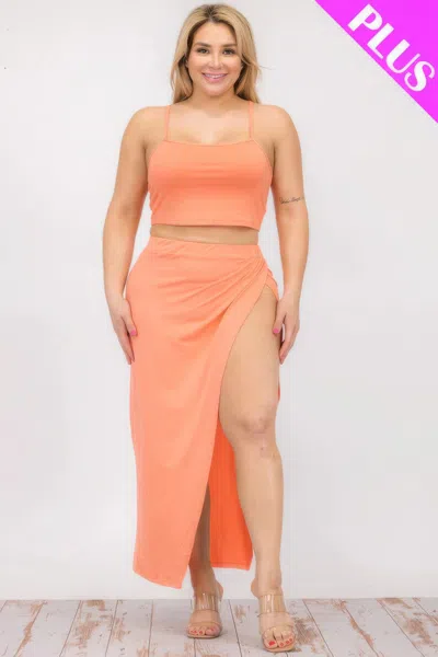 Fashnzfab Plus Size Crop Cami & Split Thigh Maxi Skirt Set In Pink