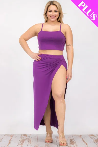 Fashnzfab Plus Size Crop Cami & Split Thigh Maxi Skirt Set In Purple
