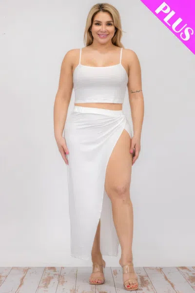 Fashnzfab Plus Size Crop Cami & Split Thigh Maxi Skirt Set In White