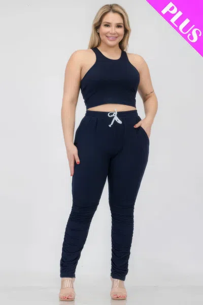 Fashnzfab Plus Size Crop Tank Top & Ruched Pants Set In Blue