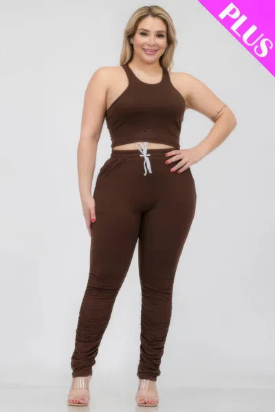 Fashnzfab Plus Size Crop Tank Top & Ruched Pants Set In Brown