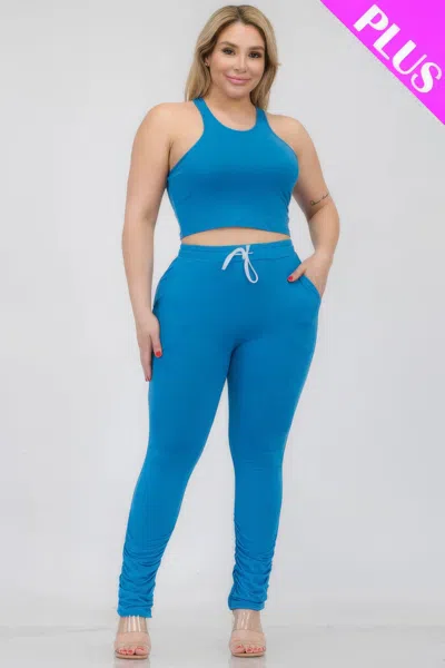 Fashnzfab Plus Size Crop Tank Top & Ruched Pants Set In Multi