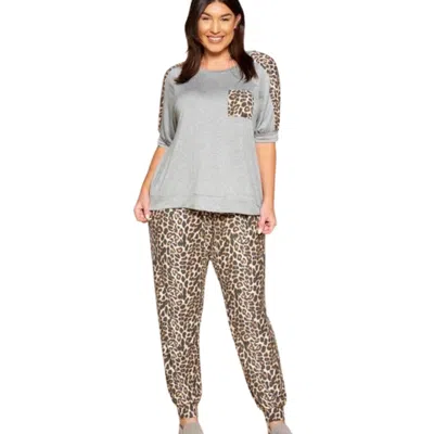 Fashnzfab Plus Size Cute Animal Print Pocket French Terry Casual Top In Grey
