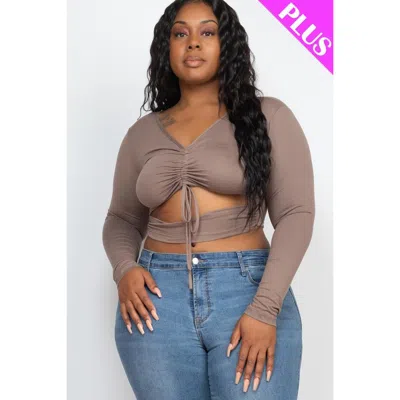Fashnzfab Plus Size Drawstring Ruched Cutout Crop Top In Grey