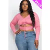 Fashnzfab Plus Size Drawstring Ruched Cutout Crop Top In Pink