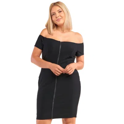 Fashnzfab Plus Size Fitted Off-the-shoulder Front Zipper Bodycon Mini Dress In Black