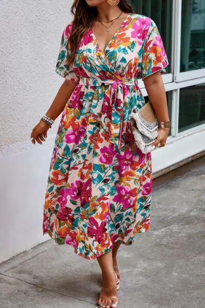 Fashnzfab Plus Size Floral Print Cross Belt Fit Dress In Multi