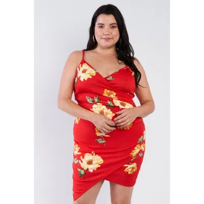Fashnzfab Plus Size Floral Print V-neck Cinched Size Chic Mini Dress In Red