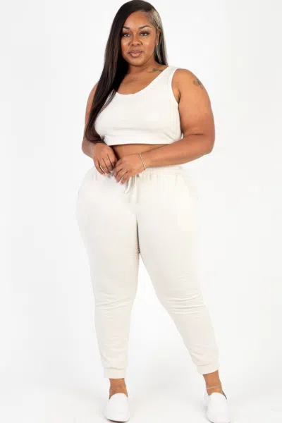 Fashnzfab Plus Size French Terry Cropped Tank Top & Joggers Set In Beige
