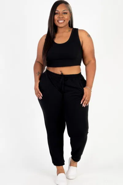 Fashnzfab Plus Size French Terry Cropped Tank Top & Joggers Set In Black
