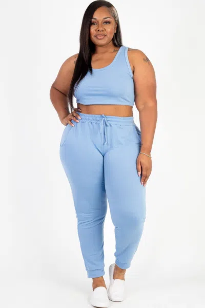 Fashnzfab Plus Size French Terry Cropped Tank Top & Joggers Set In Grey
