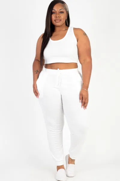 Fashnzfab Plus Size French Terry Cropped Tank Top & Joggers Set In White