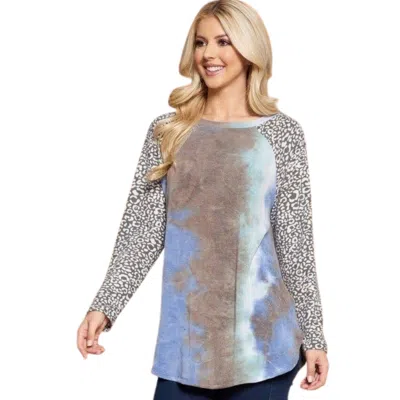 Fashnzfab Plus Size French Terry Tie Dye Casual Color Block Top In Blue