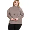 Fashnzfab Plus Size High Quality Buttery Soft Solid Knit Turtleneck Two Tone High Low Hem Sweater In Brown