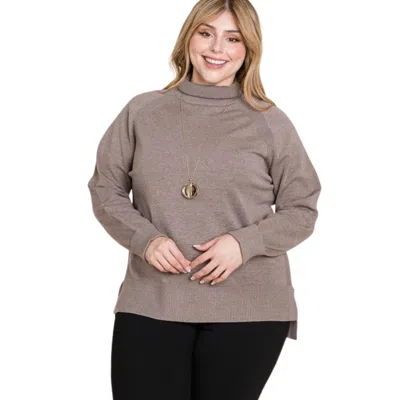 Fashnzfab Plus Size High Quality Buttery Soft Solid Knit Turtleneck Two Tone High Low Hem Sweater In Brown