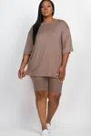 Fashnzfab Plus Size Loose Fit Top & Biker Shorts Set In Beige