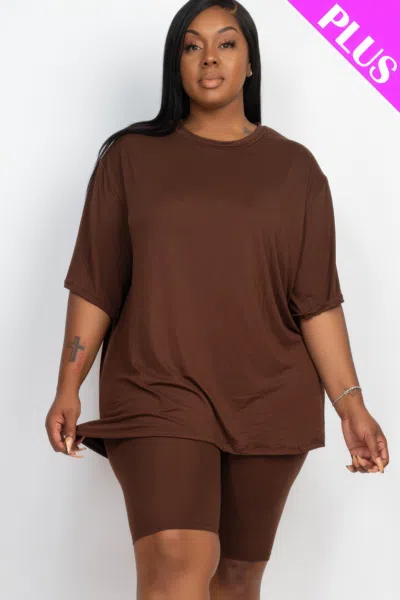 Fashnzfab Plus Size Loose Fit Top & Biker Shorts Set In Brown