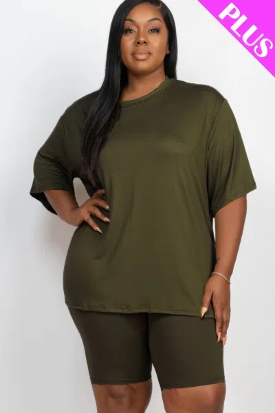 Fashnzfab Plus Size Loose Fit Top & Biker Shorts Set In Green