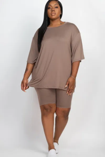 Fashnzfab Plus Size Loose Fit Top & Biker Shorts Set In Grey