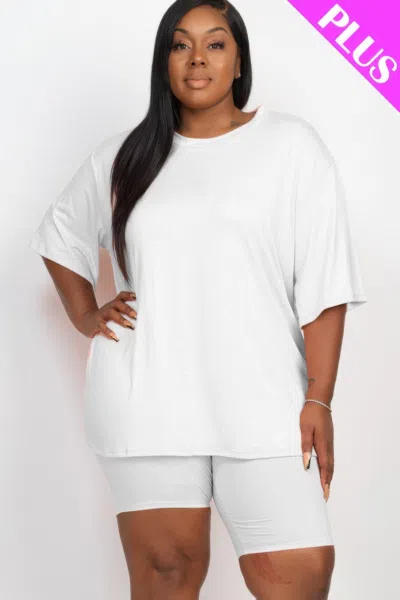 Fashnzfab Plus Size Loose Fit Top & Biker Shorts Set In White