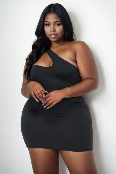 Fashnzfab Plus Size One Shoulder Bodycon Mini Dress In Black