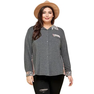 Fashnzfab Plus Size Printed Patchwork Contrast Button Up Shirt In Pink