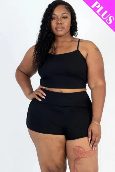 Fashnzfab Plus Size Ribbed Cami Crop Top & Ruched Shorts Set In Black