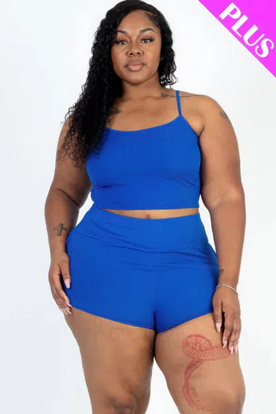 Fashnzfab Plus Size Ribbed Cami Crop Top & Ruched Shorts Set In Blue