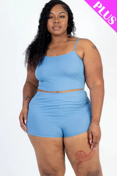 Fashnzfab Plus Size Ribbed Cami Crop Top & Ruched Shorts Set In Grey