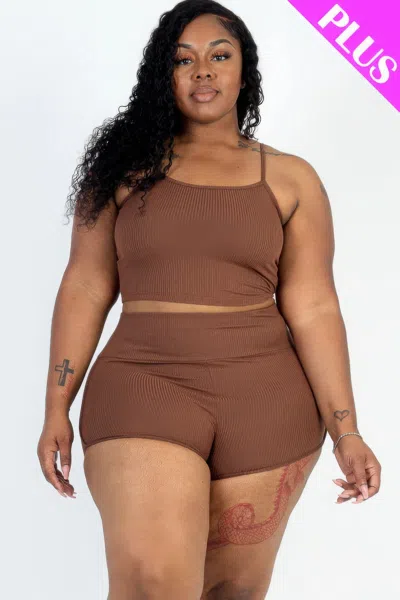 Fashnzfab Plus Size Ribbed Cami Crop Top & Ruched Shorts Set In Multi