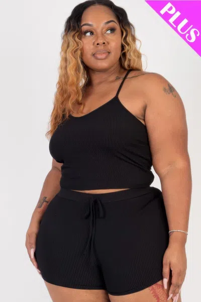 Fashnzfab Plus Size Ribbed Crop Cami Top & Shorts Set In Black