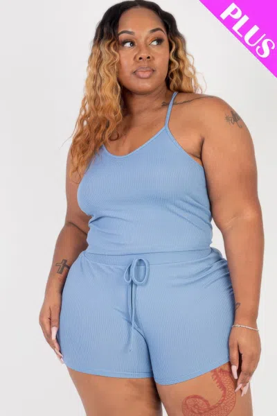 Fashnzfab Plus Size Ribbed Crop Cami Top & Shorts Set In Blue